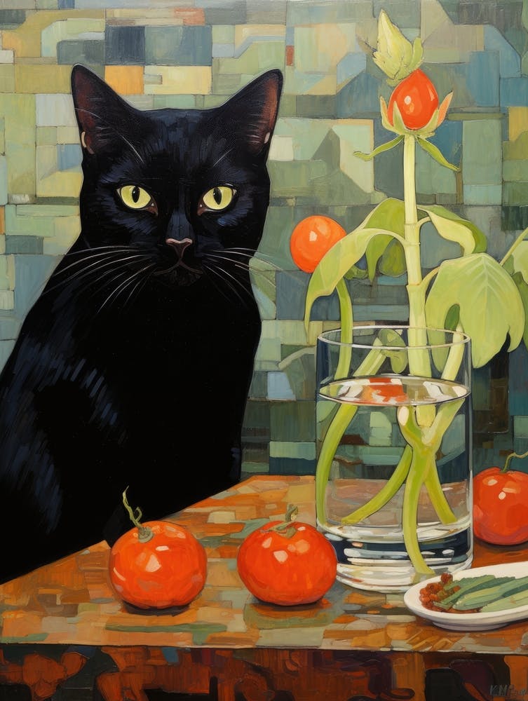 Black Cat With Tomatoes