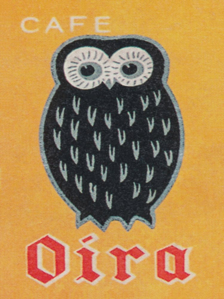 Owl, Cafe Oira, Japanese Matchbox Label Art