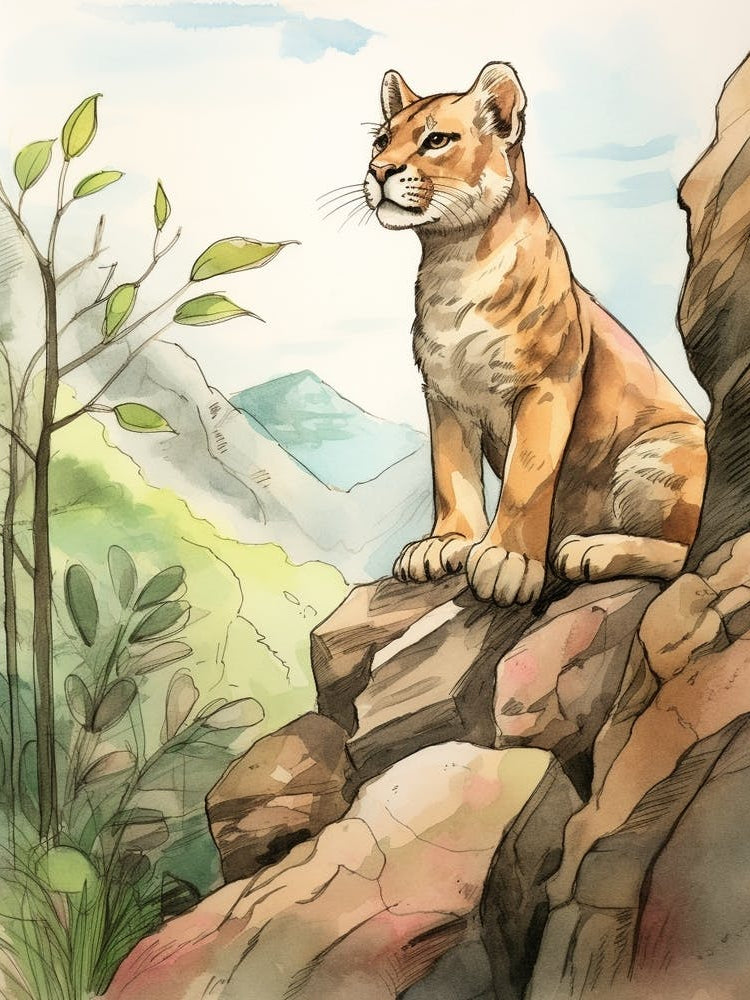 Storybook Animal Watercolour Mountain Lion 3