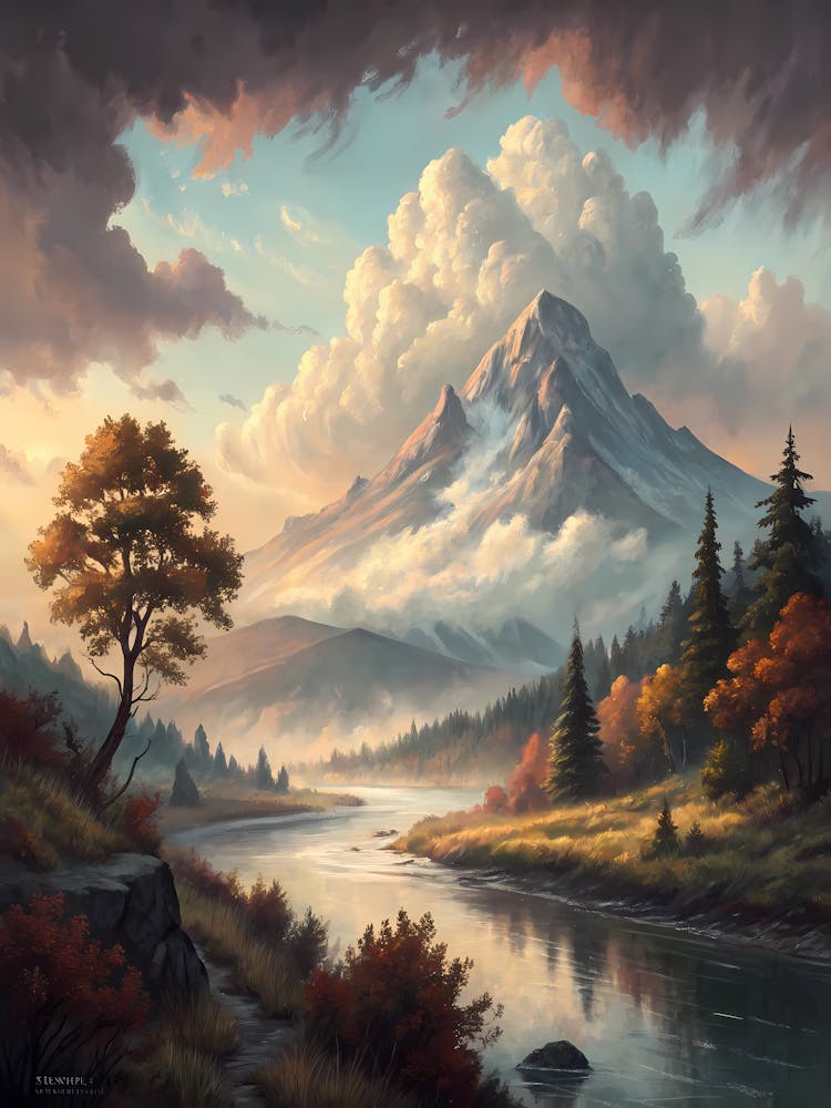 Oil Painting Style Cloud Covered Mountain