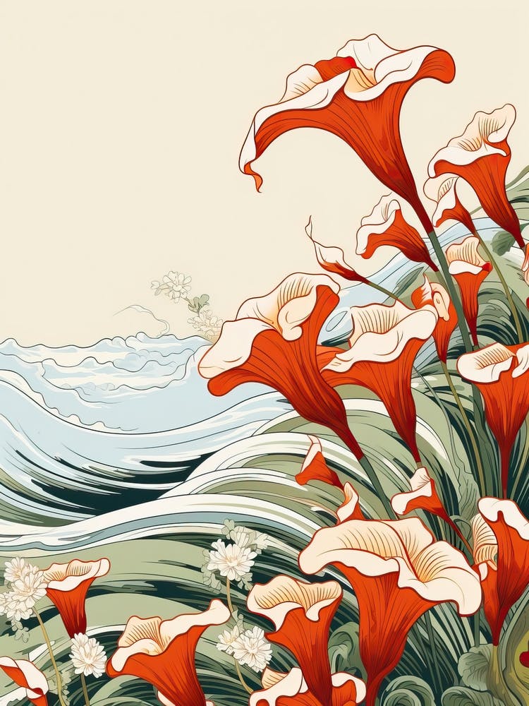 Great Wave With Calla Lily Flower Drawing In The Style Of Ukiyo E 2