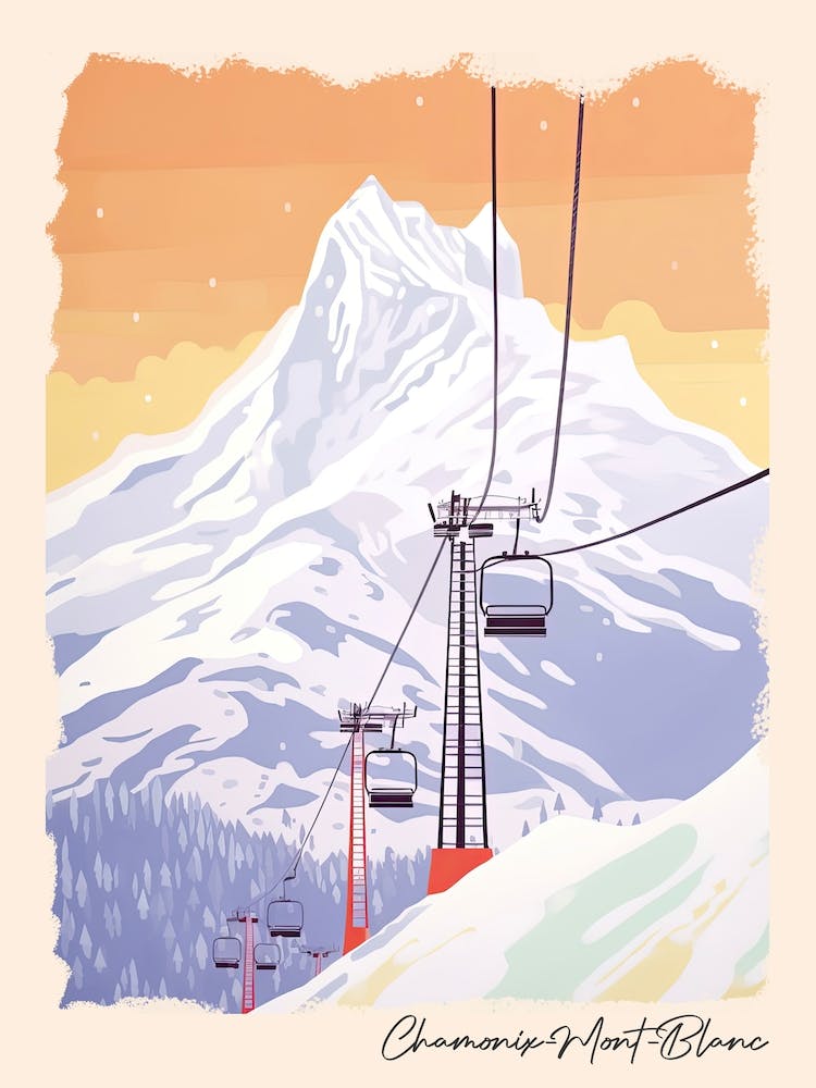 Poster Of Chamonix Mont Blanc   France, Ski Resort Pastel Colours Illustration 3