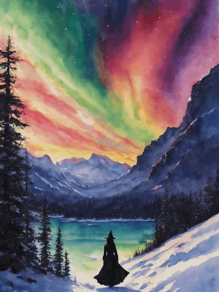 Down by the Lake - Under a Rainbow Sky, A Witch Watches the Light Dance of Aurora Borealis, The Northern Lights in Lapland, Snowing Winter Yule Scene - Pagan Wiccan Wheel of the Year by Lyra the Lavender Witch