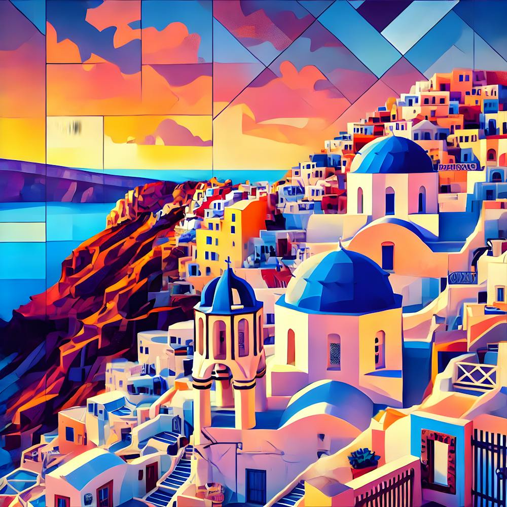 Santorini Greece – Vibrant Cubist Painting