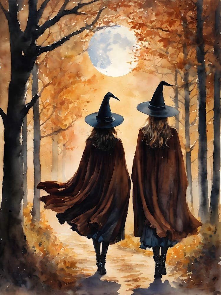 Best Friend Autumn Witches Watching the Full Moon ~ Witchy Watercolor Art by Lyra the Lavender Witch
