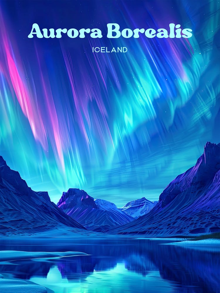 Aurora Borealis Iceland A Dancing Lights Digital Travel Illustration