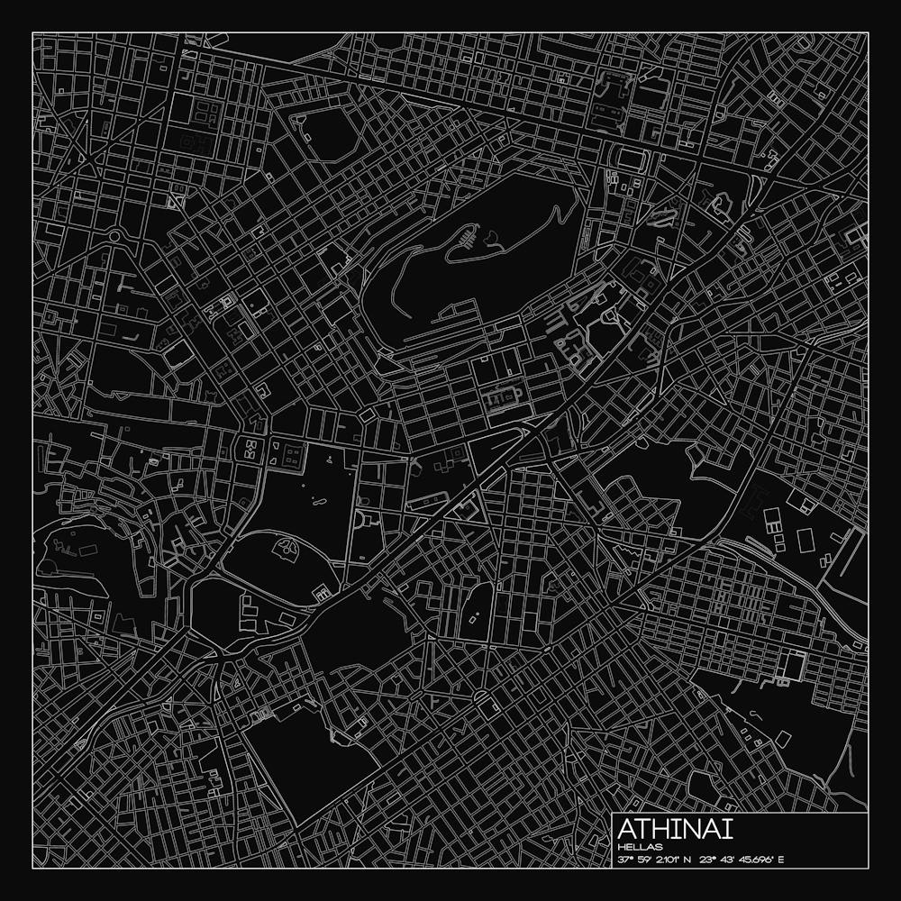 Athinai, Hellas, (Athens, Greece) City Map White On Black Blueprint Design
