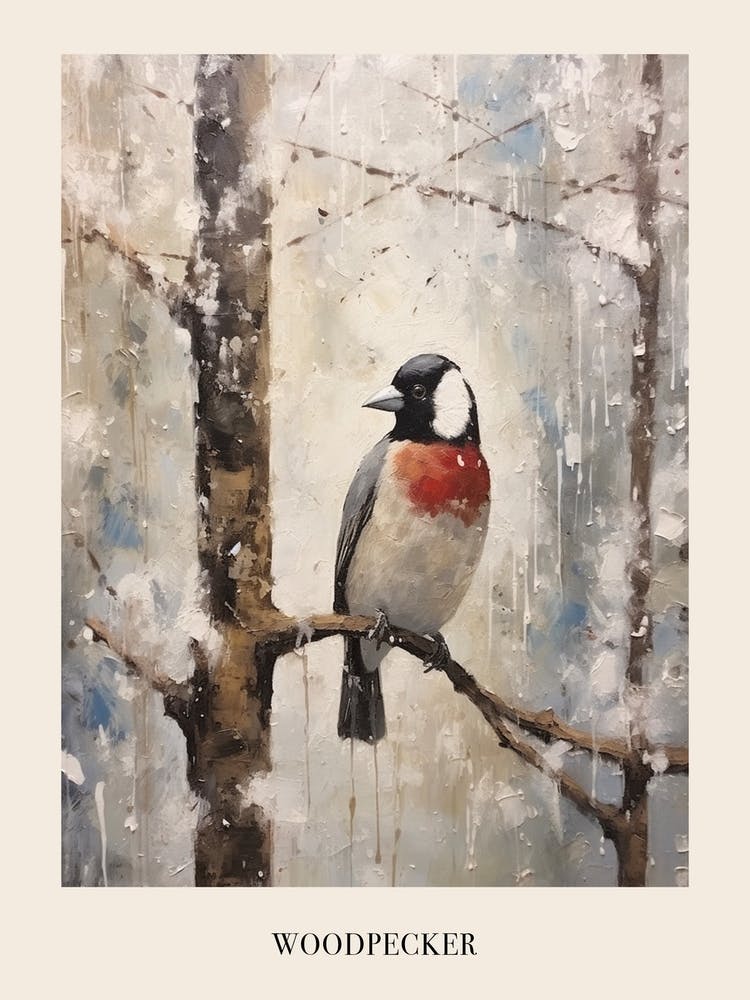 Vintage Winter Animal Painting Poster Woodpecker 3