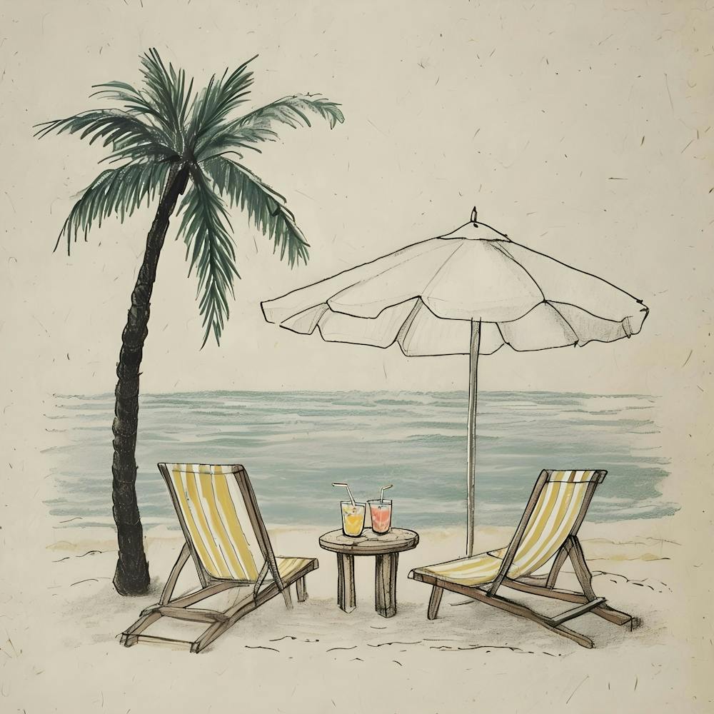 Minimalist Hand-Drawn Illustration Of Tranquil Beach Scene