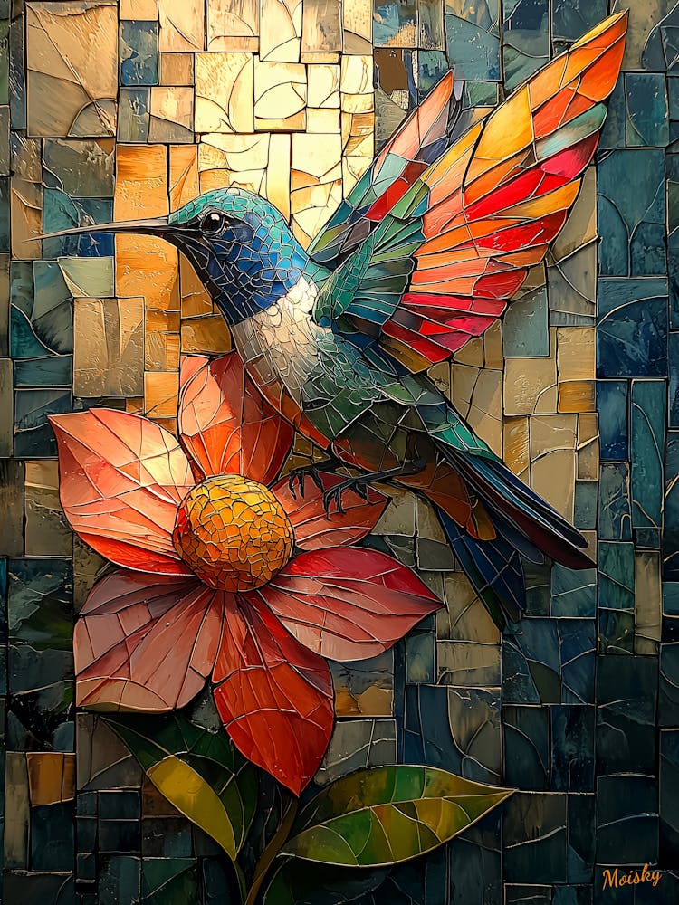 Mosaic Hummingbird, Cubism in Stained Glass Style