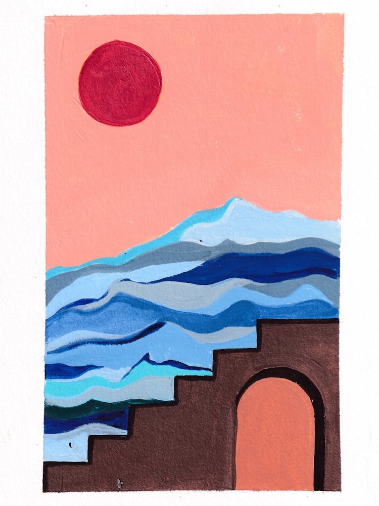 Red Sunrise Vintage Painting.