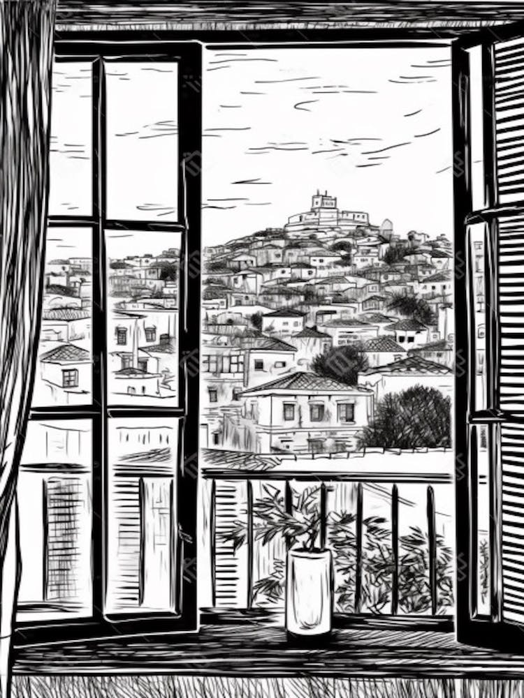 Window View Of Athens Greece   Black And White Colouring Pages Line Art 2