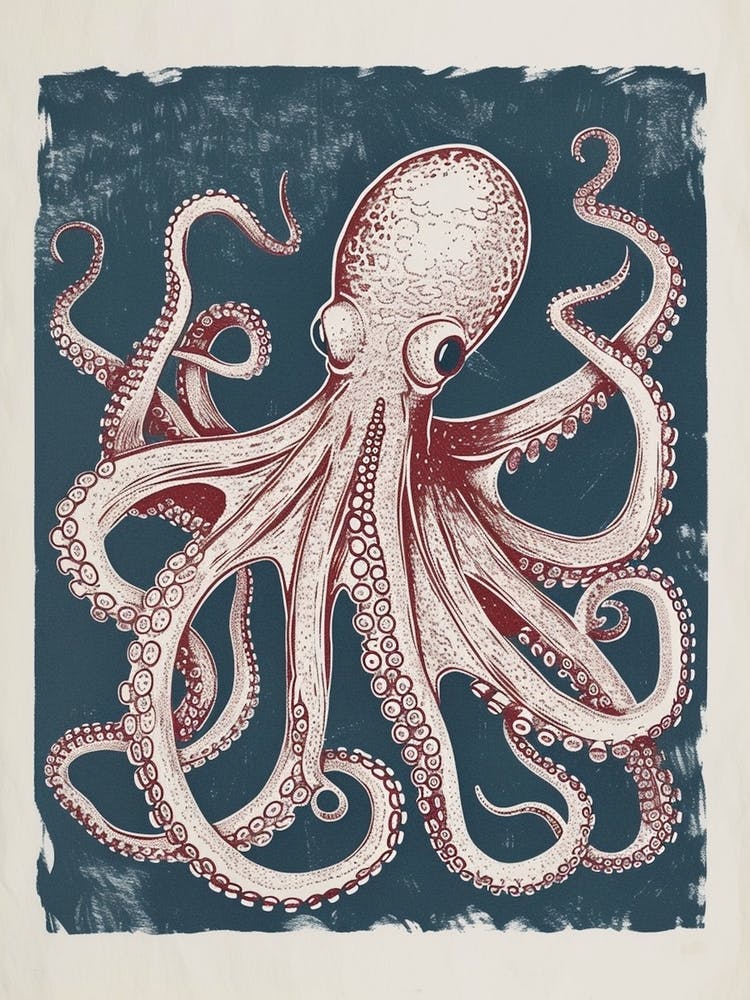 Octopus Swimming Around With Tentacles Red Navy Linocut Inspired 5