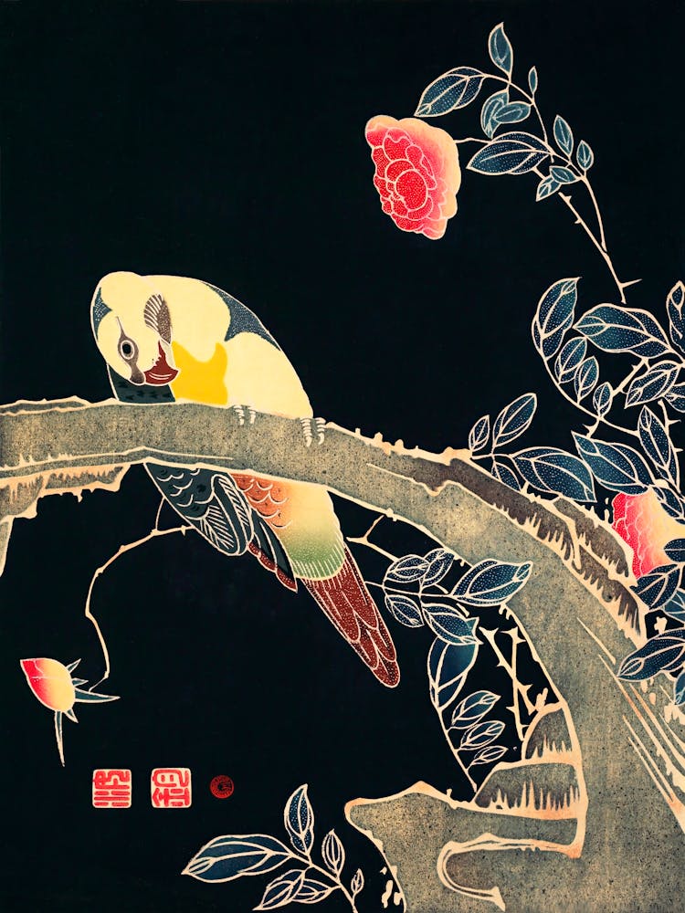 Parrot On The Branch Of A Flowering Rose Bush, Itō Jakuchū