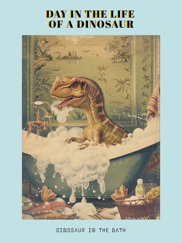 Dinosaur In The Bubble Bath Retro Collage 2 Poster