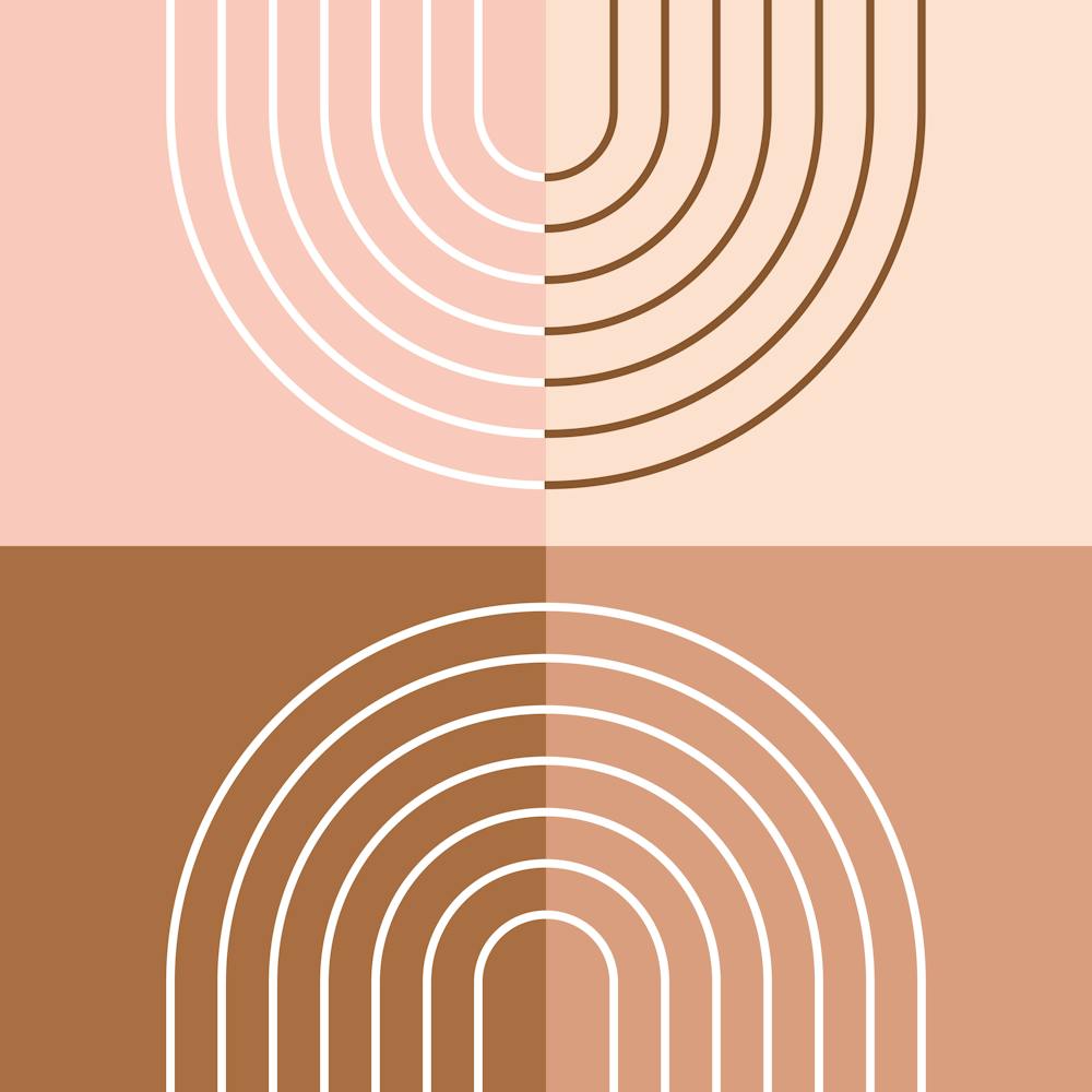 Abstract Rainbow Line and Blocks II in Brown Beige Peach Midcentury Modern 1