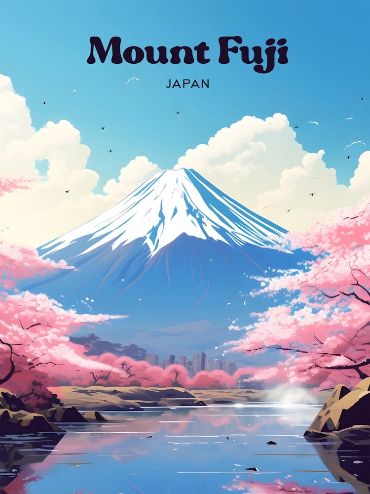 Mount Fuji Japan Cherry Blossom Modern Travel Illustration