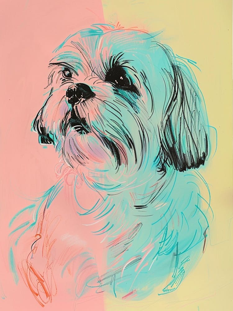Chien Épagneul Tibétain Pastel Illustration au Trait Pastel 4