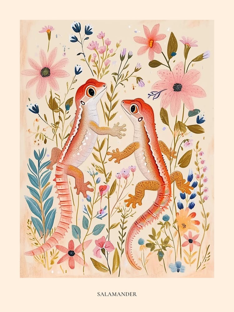Folksy Floral Animal Drawing Salamander 2 Poster