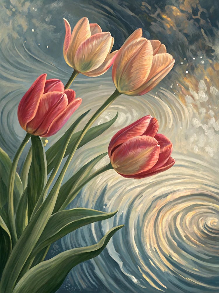 Oil Painting Style Soft Tulip Forms With Metallic