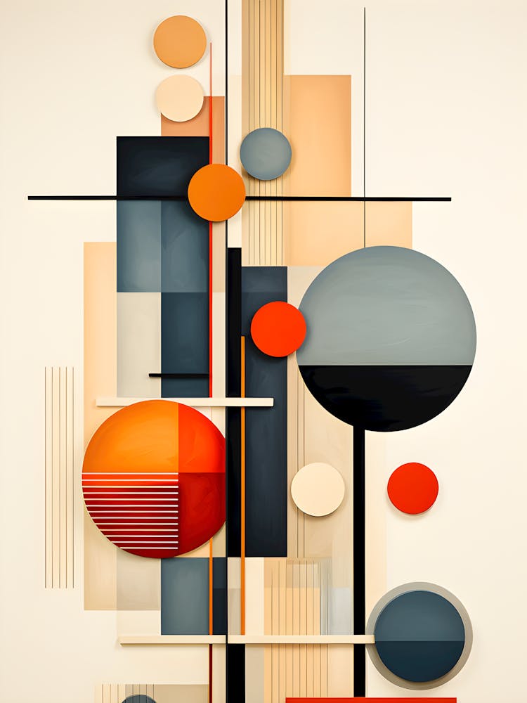 Geometric Abstract Wall Art 3d Minimalist Design With Circles & Lines In Warm Orange, Blue, And Beige