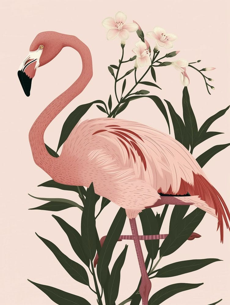 Flamant rose nain et Oléandre Illustration Minimaliste 2