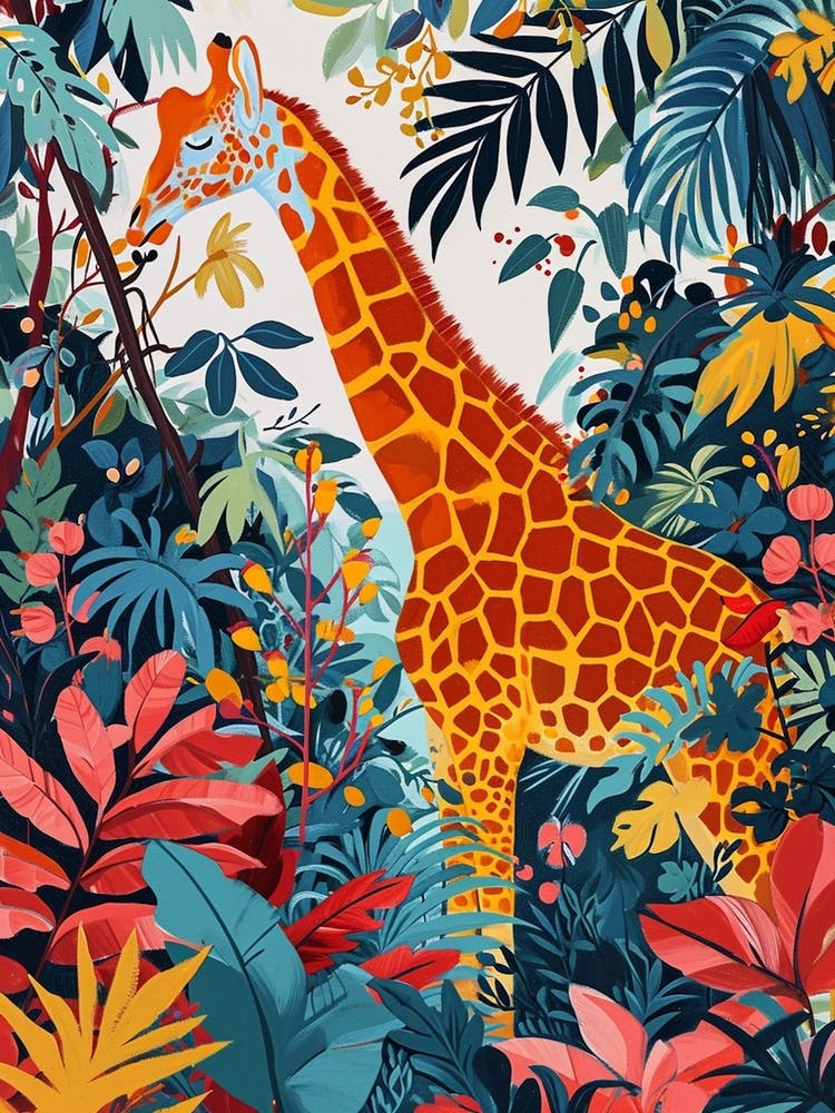 Colourful Giraffe In The Leaves Illustration 1