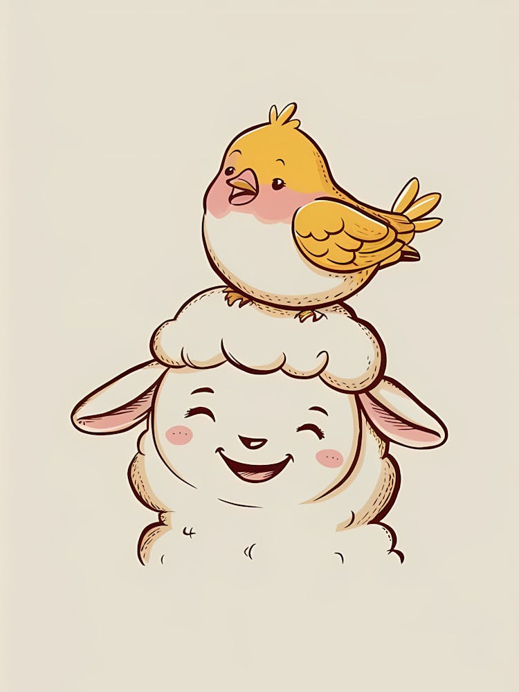 Cute Sheep And Bird