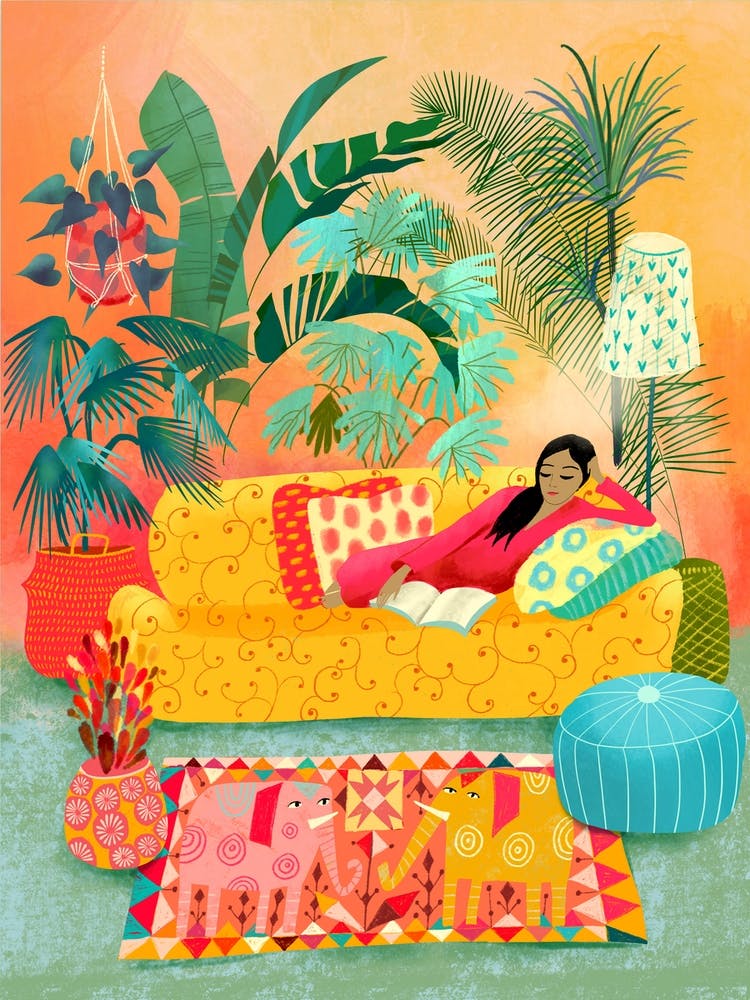 Woman Reading In Tropical Living Room