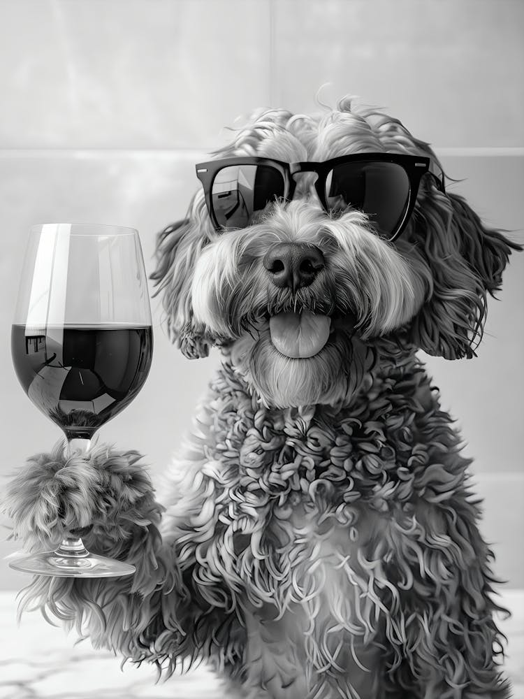 Cockapoo Drinking Wine Wall Art, Black And White Print, Cockapoo Bar Cart Print, Dog Gift, Funny Dog Poster, Bar Decor, Kitchen Decor