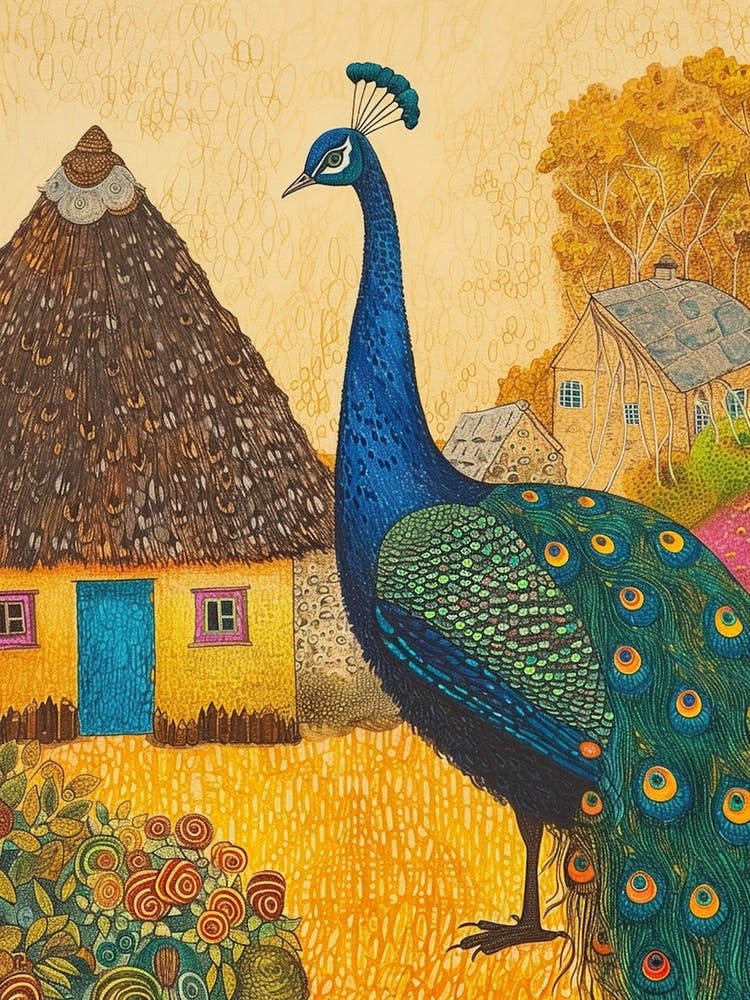 Peacock Outside A Thatched Cottage Illustration 2