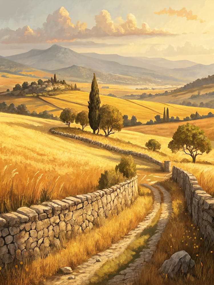 Oil Painting Style Golden Fields With Stone Walls