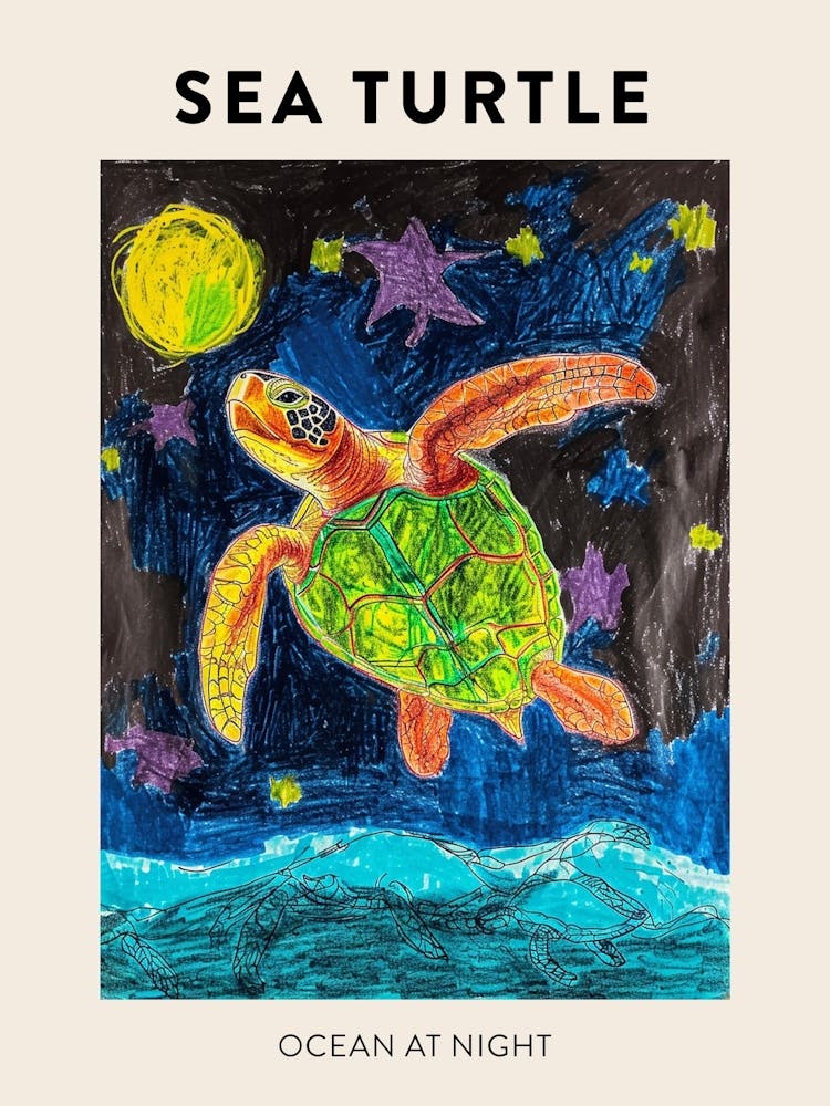 Tortue de Mer la Nuit Affiche Crayon 2