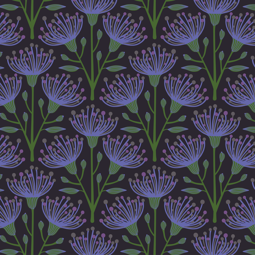AUSTRALISCHER EUKALYPTUS Floral Botanisch in Very Peri Lila Grün Anthrazit Braun