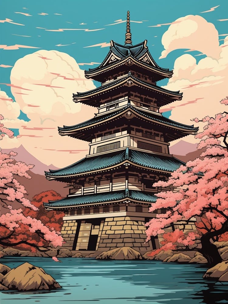Matsumoto Castle, Japan Vintage Travel Art 1