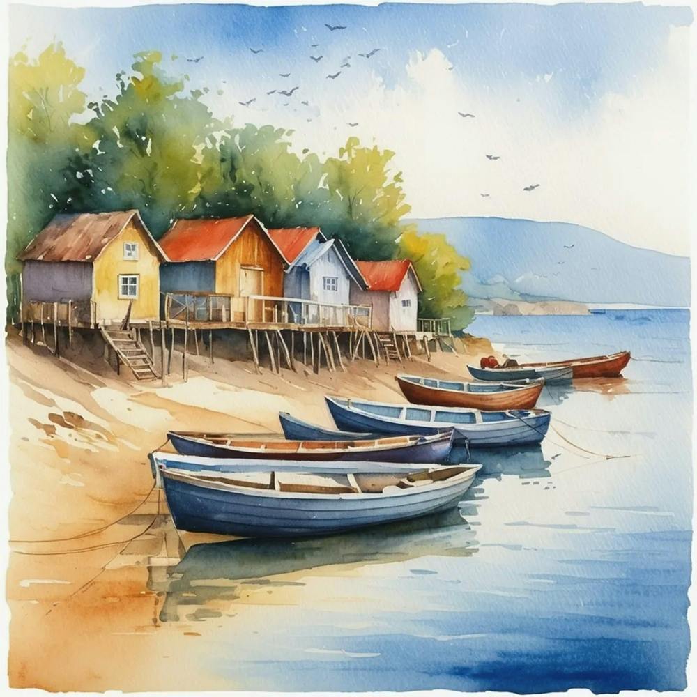 Aquarell von Booten am Ufer