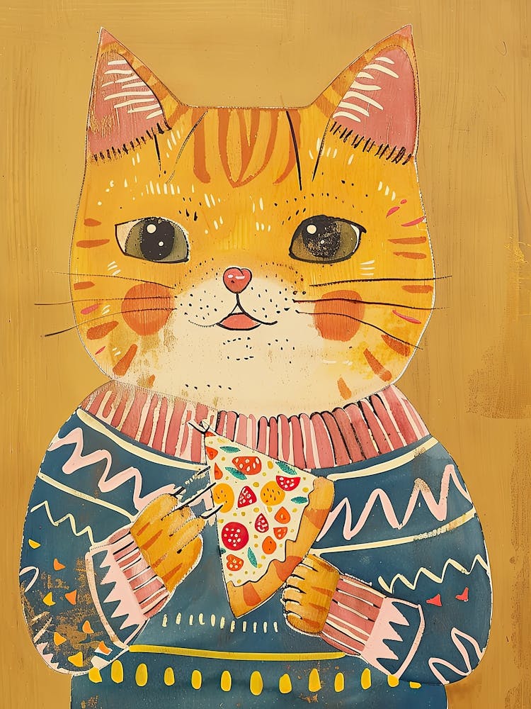 Brown Cat Pizza Lover Folk Illustration 2