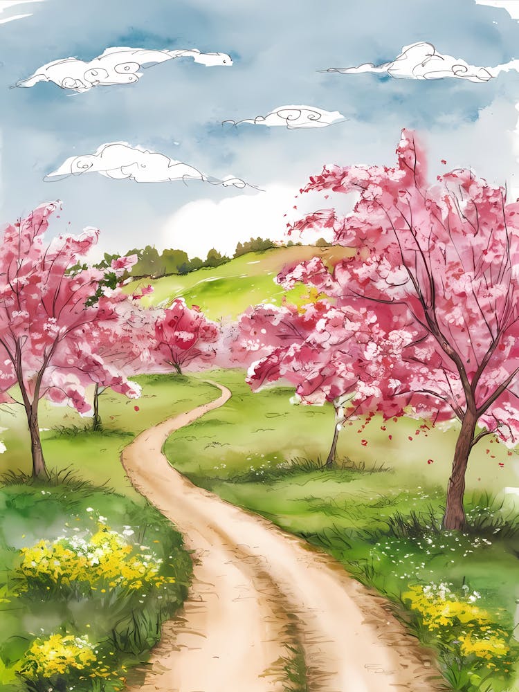 Watercolor Cherry Blossoms Road