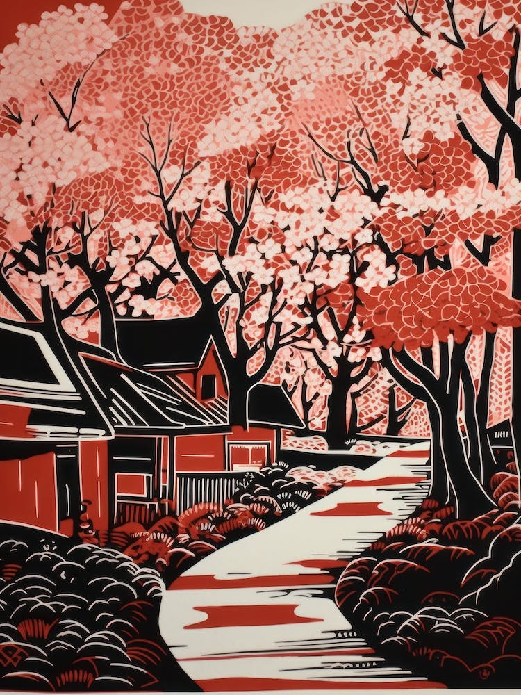 Kyoto Cherry Season Japan Linocut Illustration Style 4