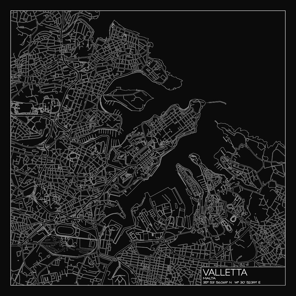 Valletta, Malta, City Map White On Black Blueprint Design