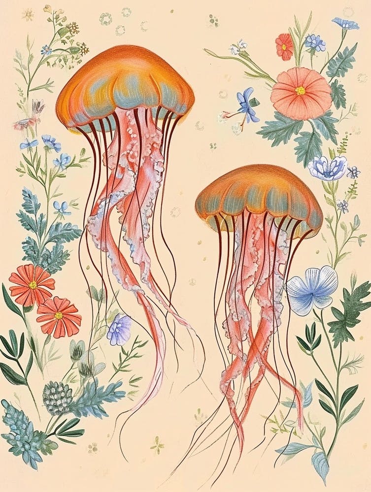 Folksy Floral Animal Drawing Jellyfish 2