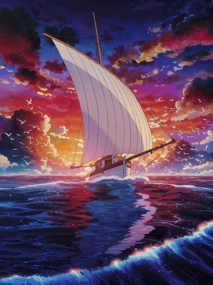 Anime Canvas Art: Majestic Sailboat at Fiery Sunset, Vibrant Sky with Dramatic Clouds and Ocean Waves, Perfect for Lofi Aesthetic and Seafaring Enthusiasts.