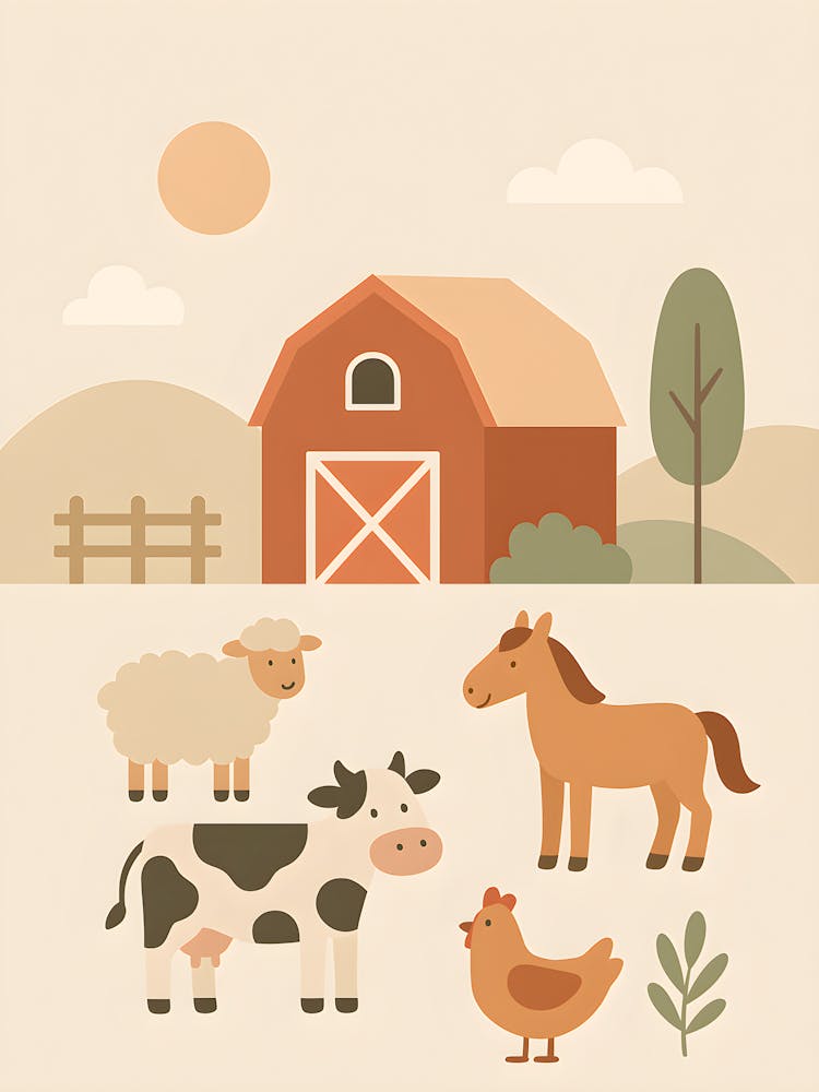 Minimalist Farm Nursery Wall Art Cute Barn & Farm Animals Print Kids Room Decor