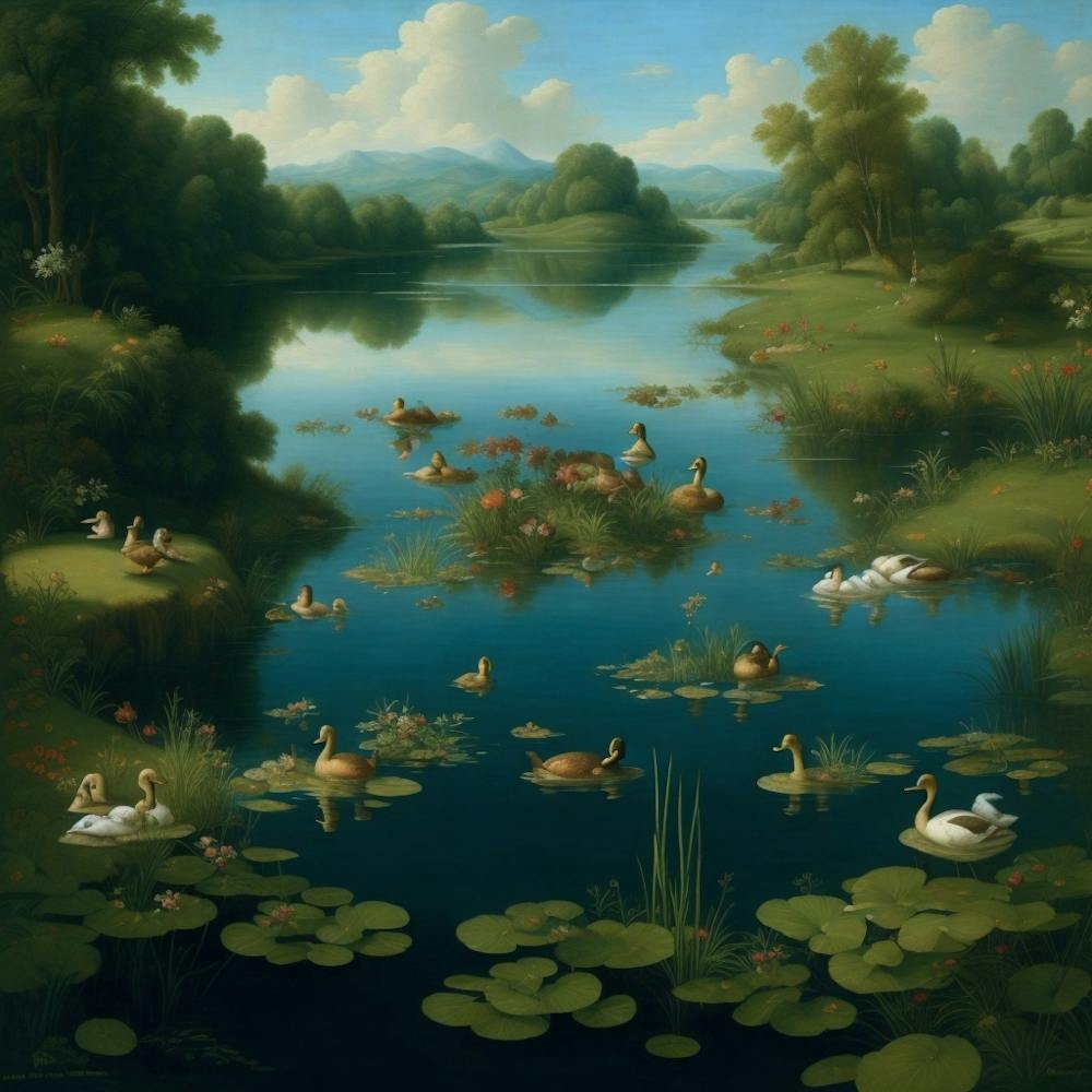 Masterpiece In Oil Painting Of A Lake With Ducks