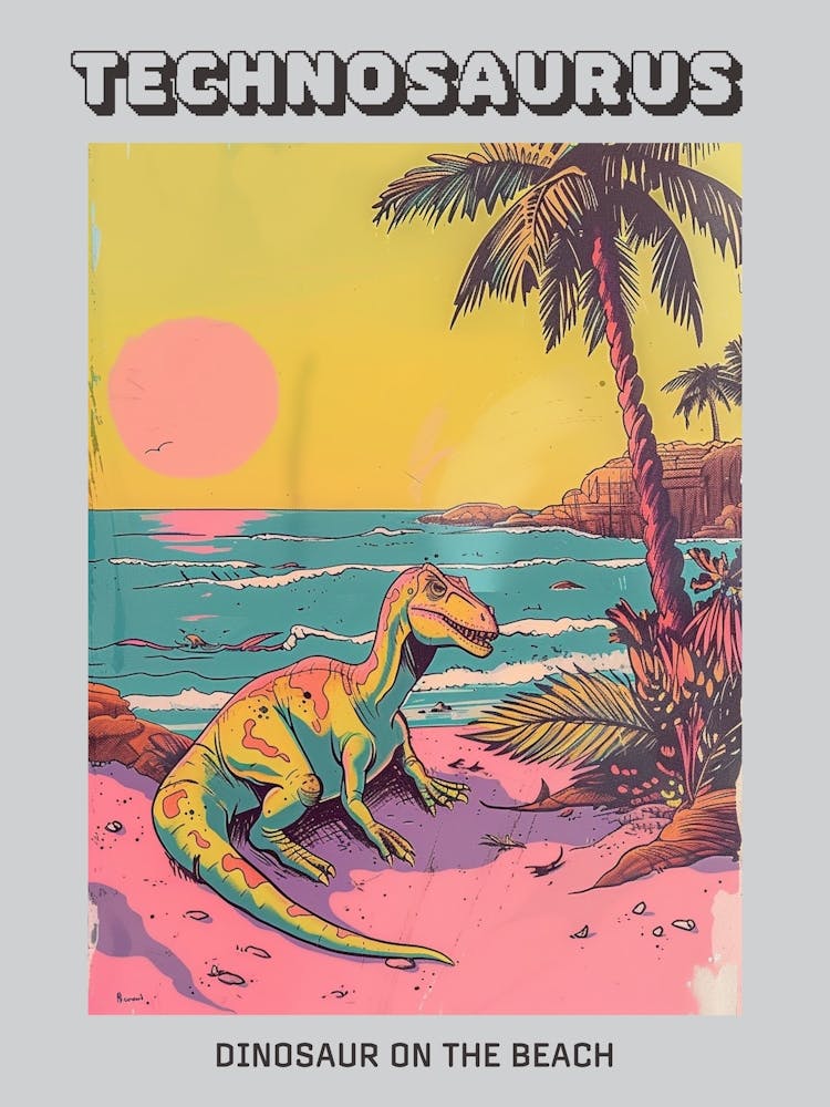 Pastel Yellow Pink Dinosaur On The Beach Poster
