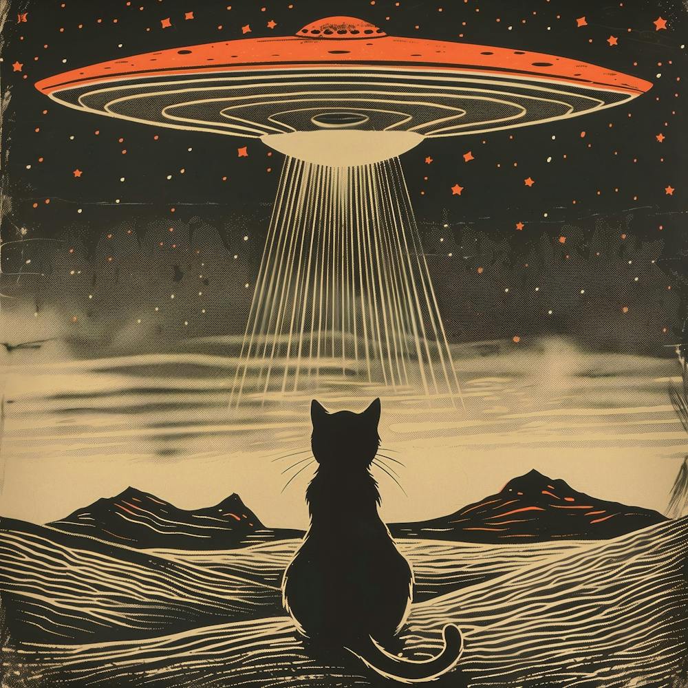 Retro Black Grey and Red Drawing of a Black Cat With Its Back Turned Looking Up at a UFO in the Desert
