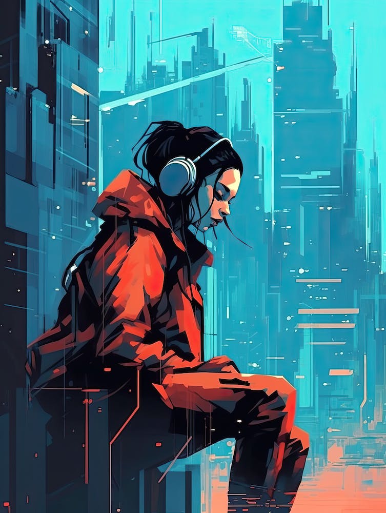 Futuristic Girl In Headphones, cyberpunk