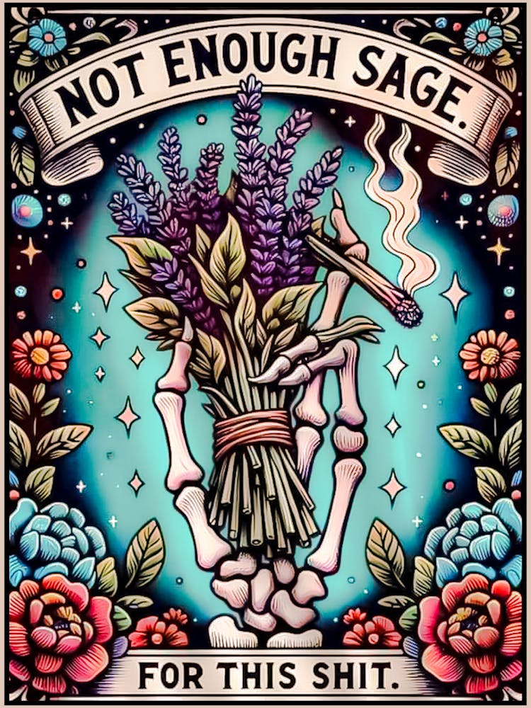 Not Enough Sage For This Sh*t Sweary Spiritual Cleaning Witch Artwork | Bruja Magical Tarot Spellwork Funny Wall Art | Sage Smudge Gothic Skull