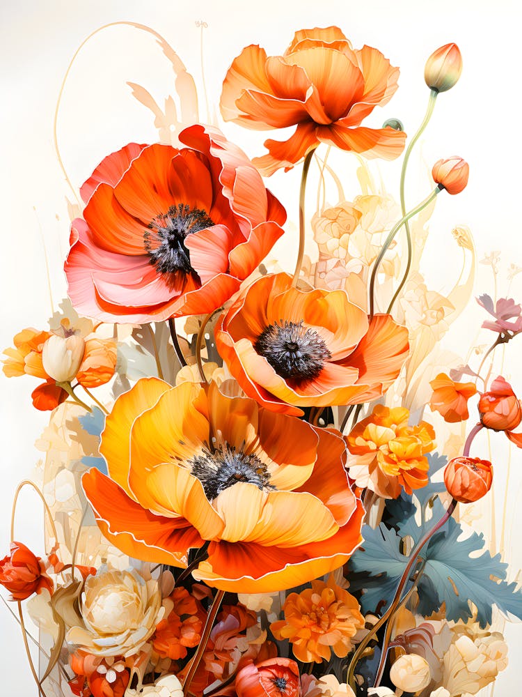 Orange And Red Poppy Wall Art Vibrant Botanical Floral Print Wildflower Bouquet Painting Nature Inspired Home Decor Elegant Canvas Or Framed Poster