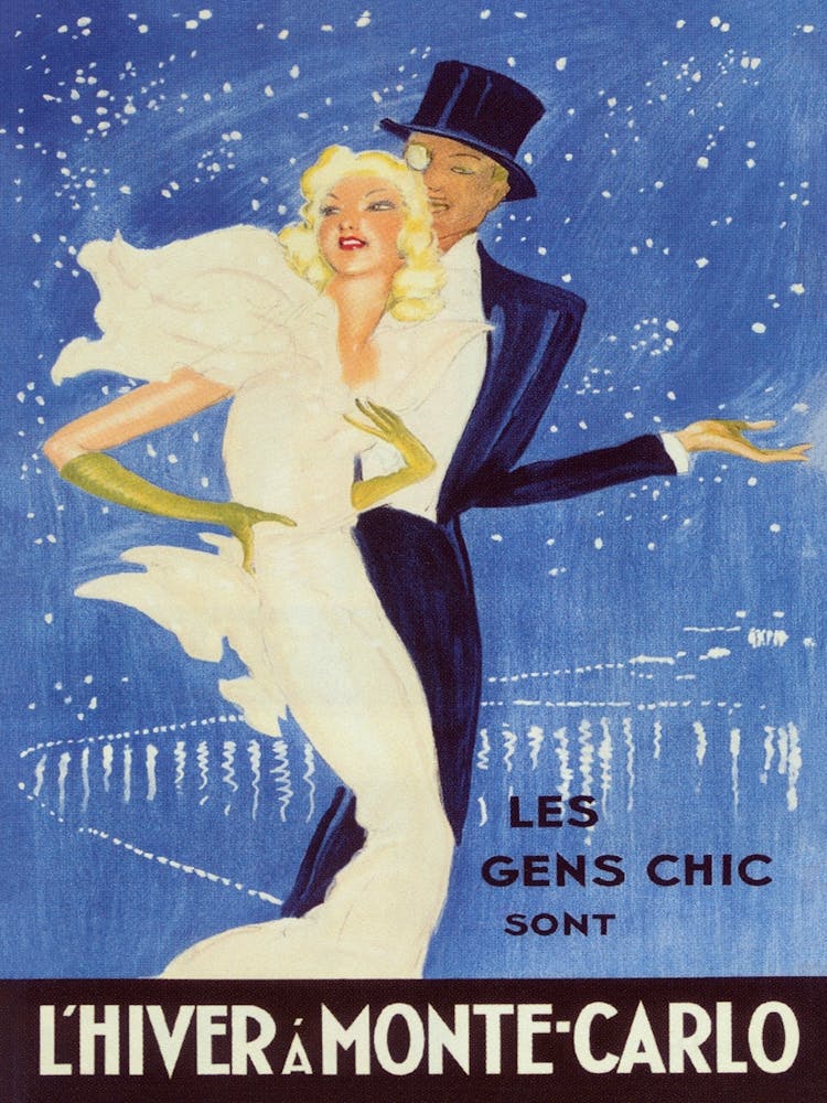 Monte Carlo, Hiver à Monte Carlo, Affiche de Voyage Vintage Colorée, Couple Romantique, Art de Monaco